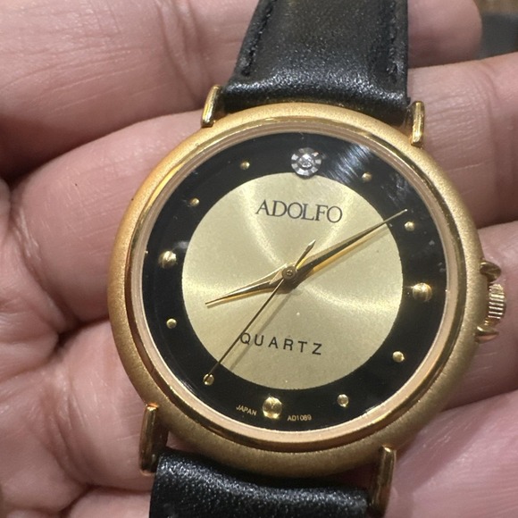 Vintage Adolfo Watch Unisex 33mm Gold Tone Black Dial Leather Band New Battery - Picture 9 of 9